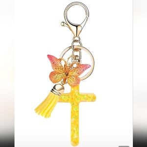 Yellow Cross Keychain with Butterfly Charm Tassel Resin Bag Accessory